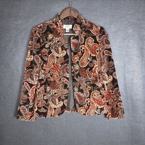 Vintage Jacket Womens 2 Petite Velvet Paisley Boho Silk Blend Band Collar Brown
